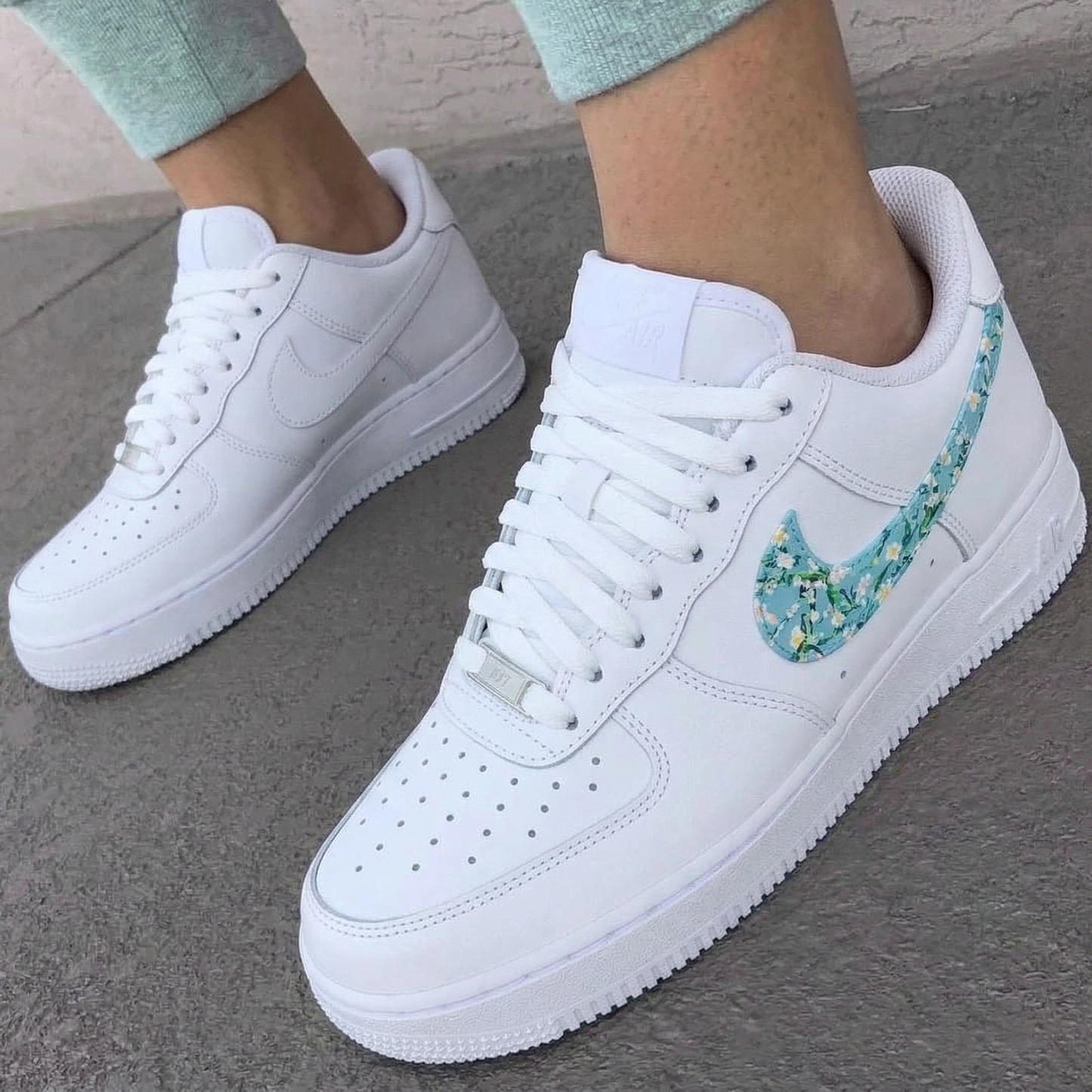 Custom AF 1s Shoes Floral Swoosh Baby Blue