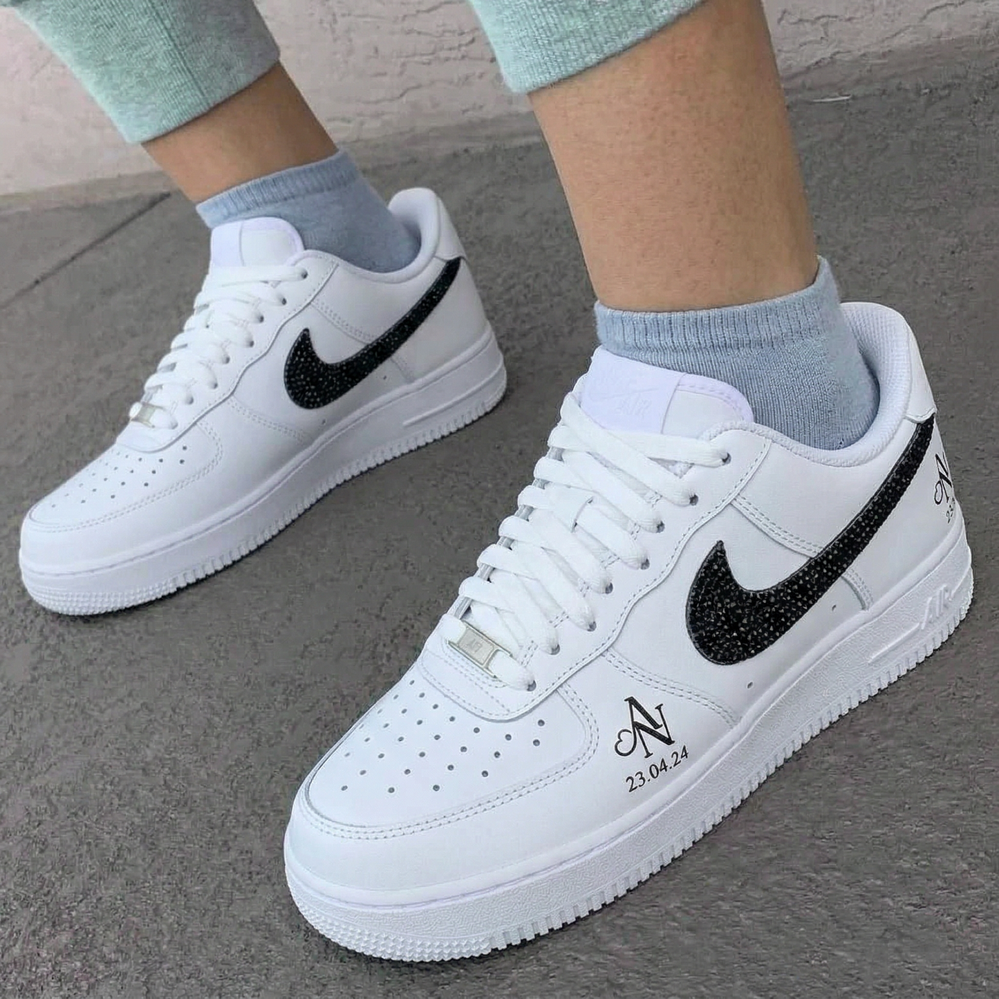 Custom AF 1s Shoes Glitter Swoosh Monogram Date White And Black