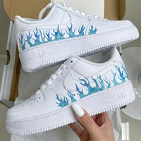 Custom AF 1s Shoes Glittery Blue Flames Design