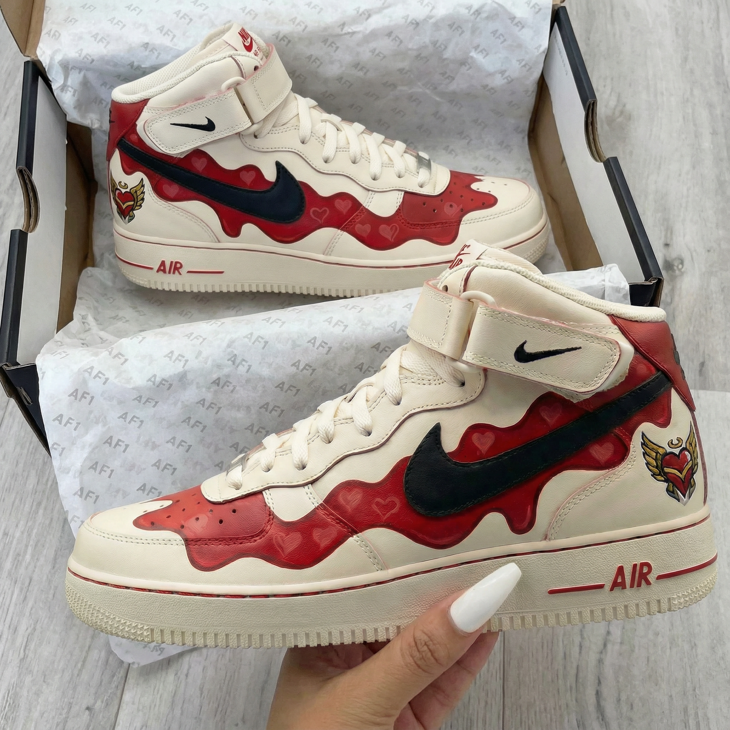 Custom AF 1s Shoes Heart Pattern Red Black