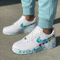 Custom AF 1s Shoes Heart Pattern Teal Color