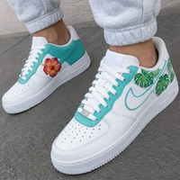Custom AF 1s Shoes Hibiscus Flower Monstera Palm Leaves Teal Green
