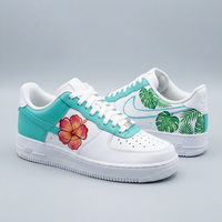 Custom AF 1s Shoes Hibiscus Flower Monstera Palm Leaves Teal Green