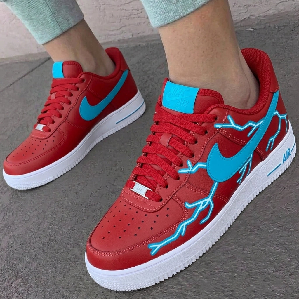 Custom AF 1s Shoes Lightning Red Baby Blue