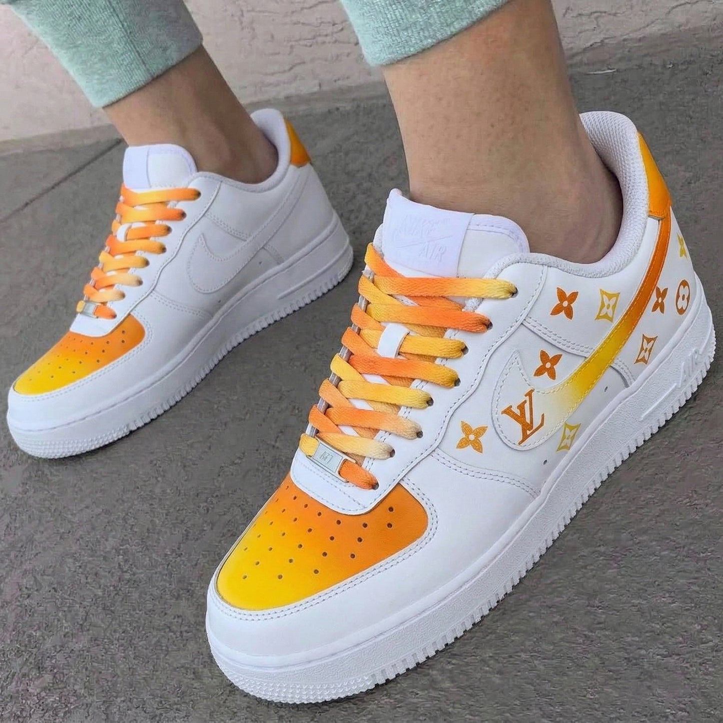 Custom AF 1s Shoes LV Logo Patterns Orange Yellow