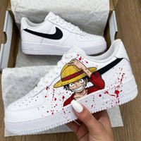 Custom AF 1s Shoes One Piece Luffy Skull Logo Blood Splatter Red Black