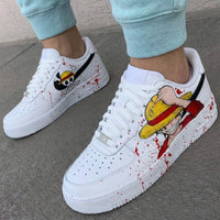 Custom AF 1s Shoes One Piece Luffy Skull Logo Blood Splatter Red Black