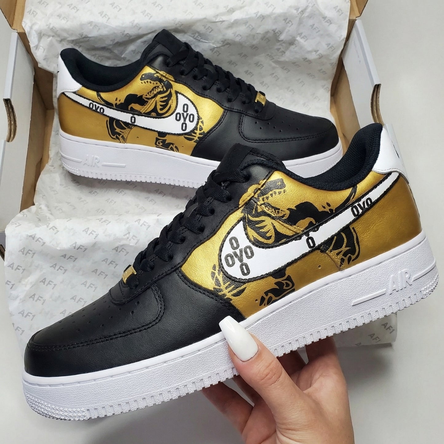 Custom AF 1s Shoes OVO Dinosaur Pattern Black Gold