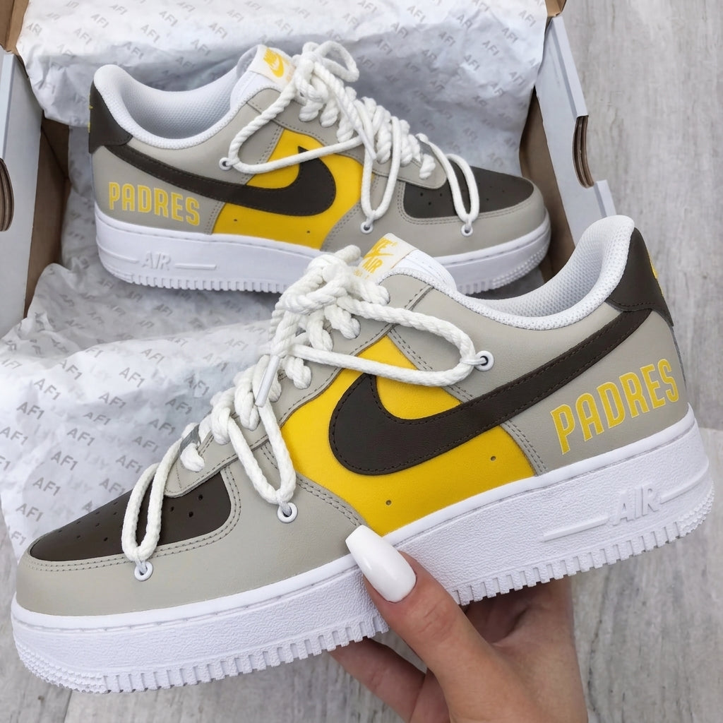 Custom AF 1s Shoes Padres Lettering Yellow Brown Light Gray