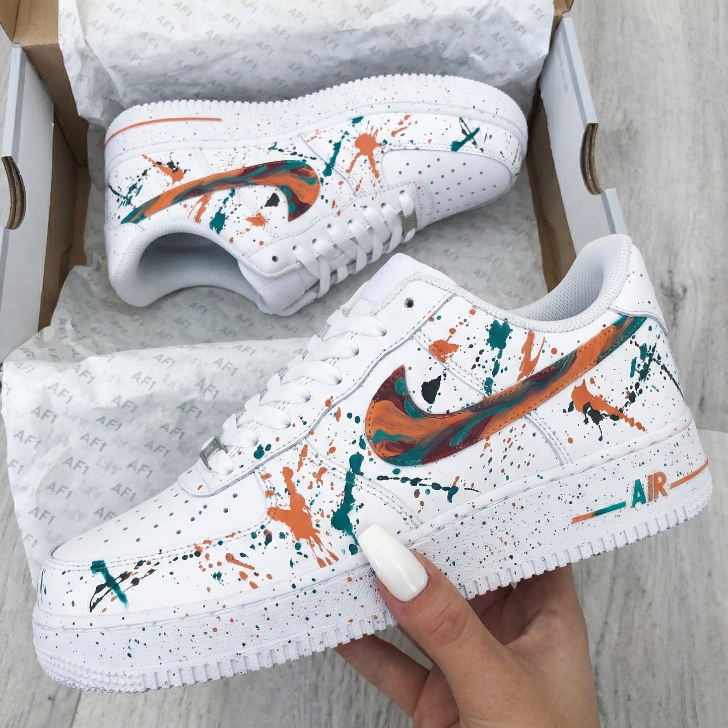 Custom AF 1s Shoes Paint Splatter Orange Teal