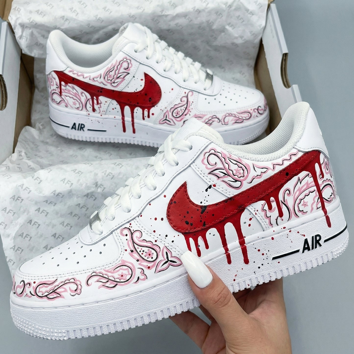 Custom AF 1s Shoes Paisley Pattern Red Pink