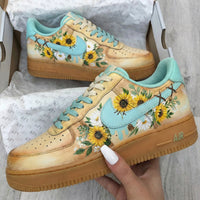 Custom AF 1s Shoes Pastel Baby Blue Tan Sunflowers