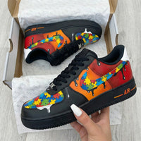 Custom AF 1s Shoes Puzzle Pattern Black Red