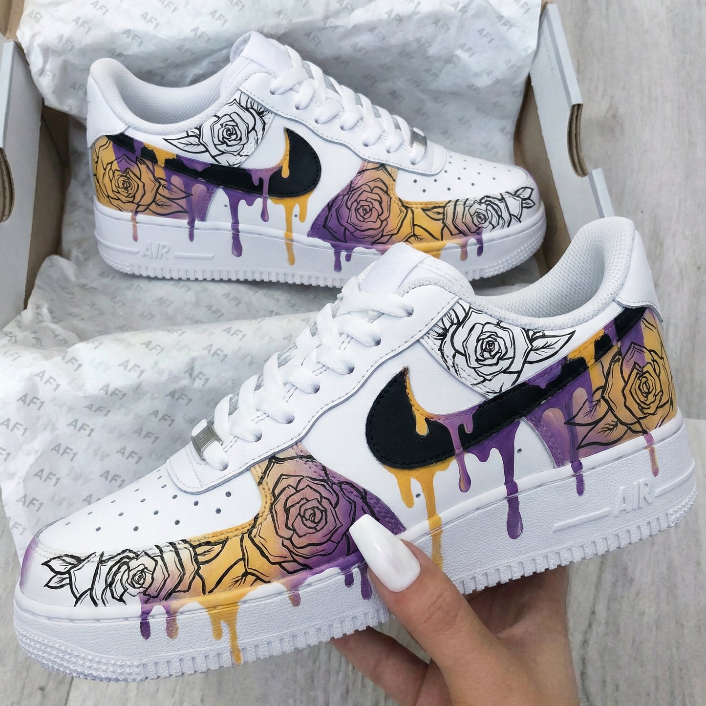 Custom AF 1s Shoes Rose Pattern Yellow Purple