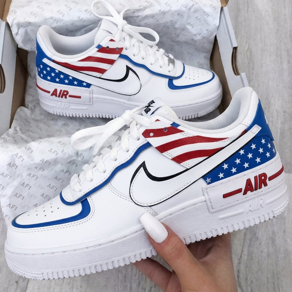 Custom AF 1s Shoes Shadow American Flag Print Red Blue