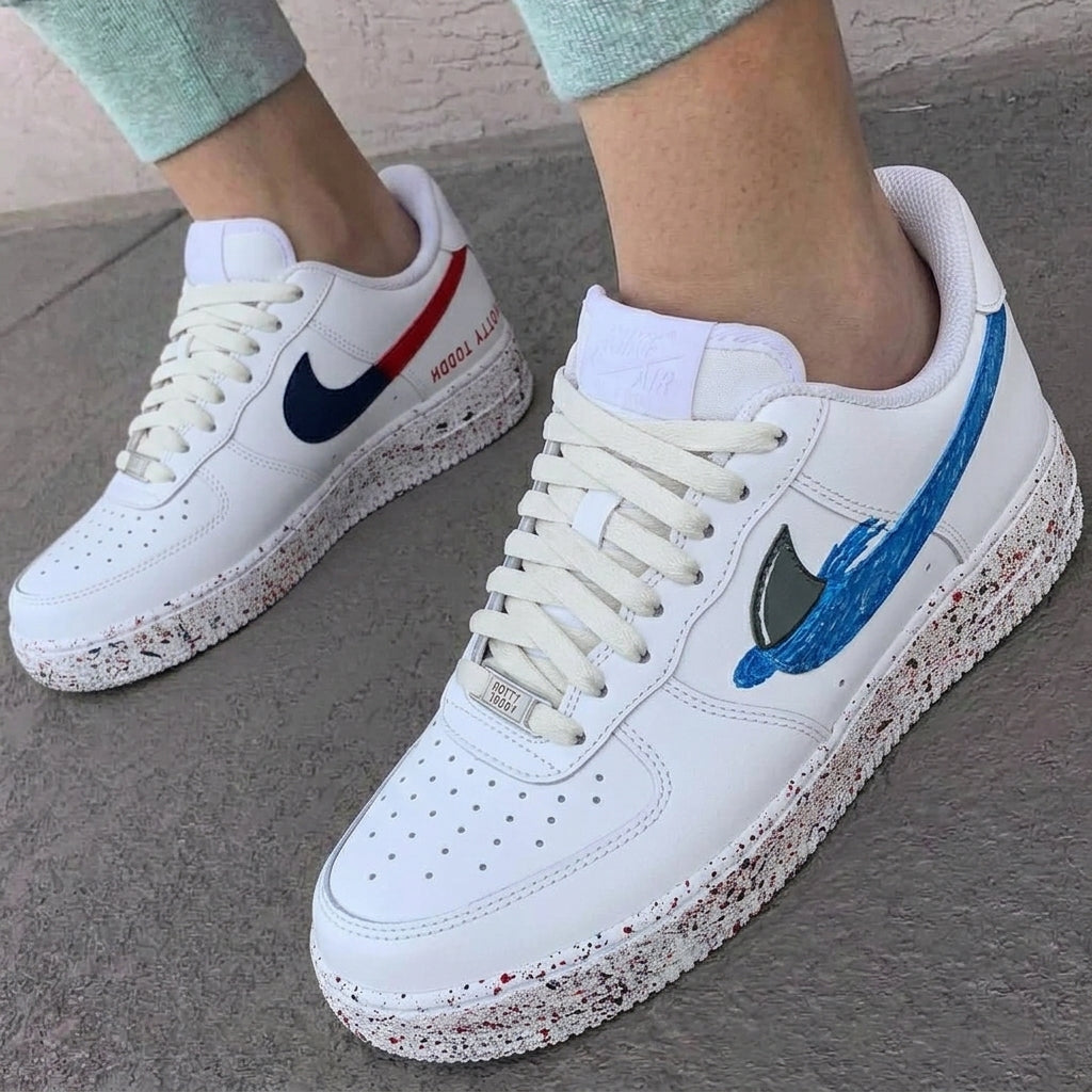 Custom AF 1s Shoes Shark Graphic Speckled Red Blue