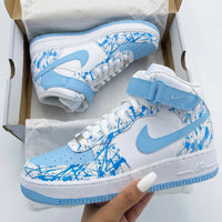 Custom AF 1s Shoes Splatter Pattern Baby Blue Blue