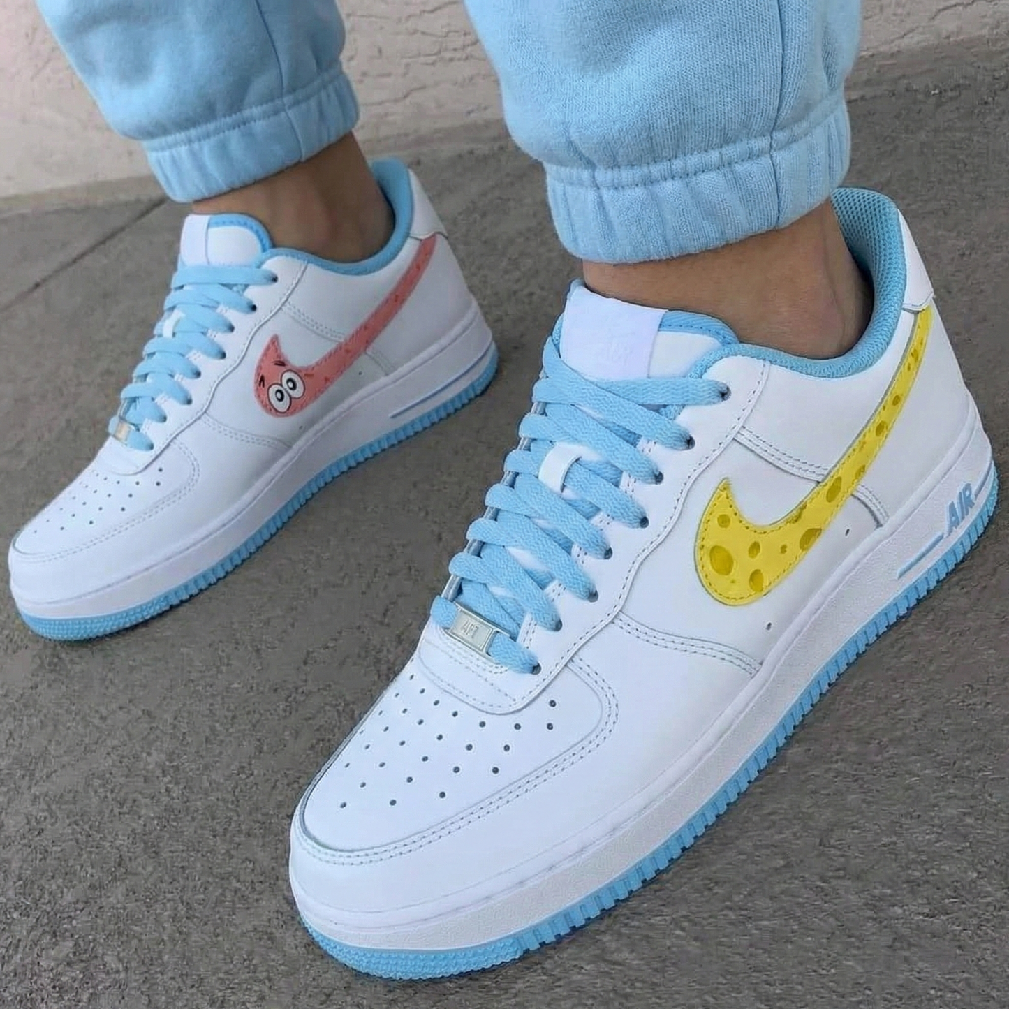 Custom AF 1s Shoes SpongeBob Patrick Pattern Baby Blue Pink Yellow