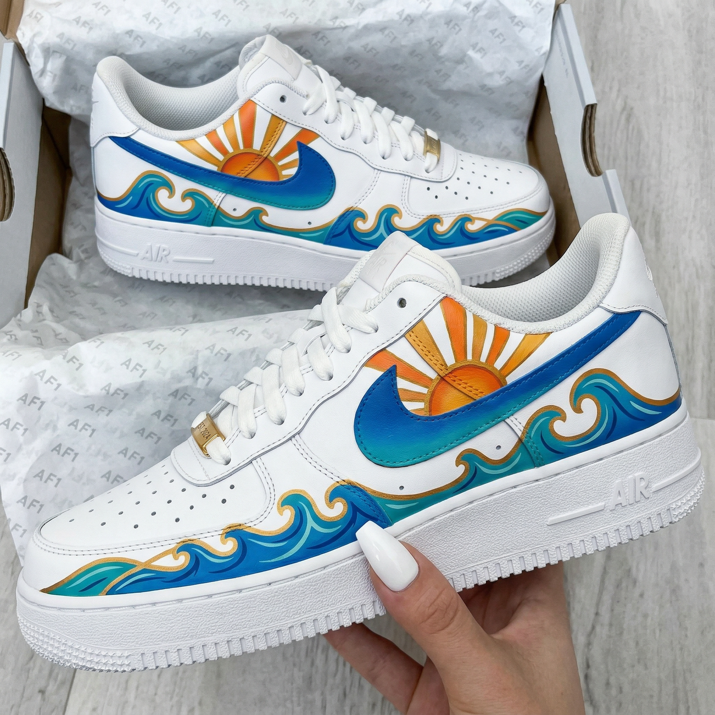 Custom AF 1s Shoes Sun Waves Pattern Blue Orange