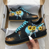 Custom AF 1s Shoes Sunflower Floral Design Black and Turquoise