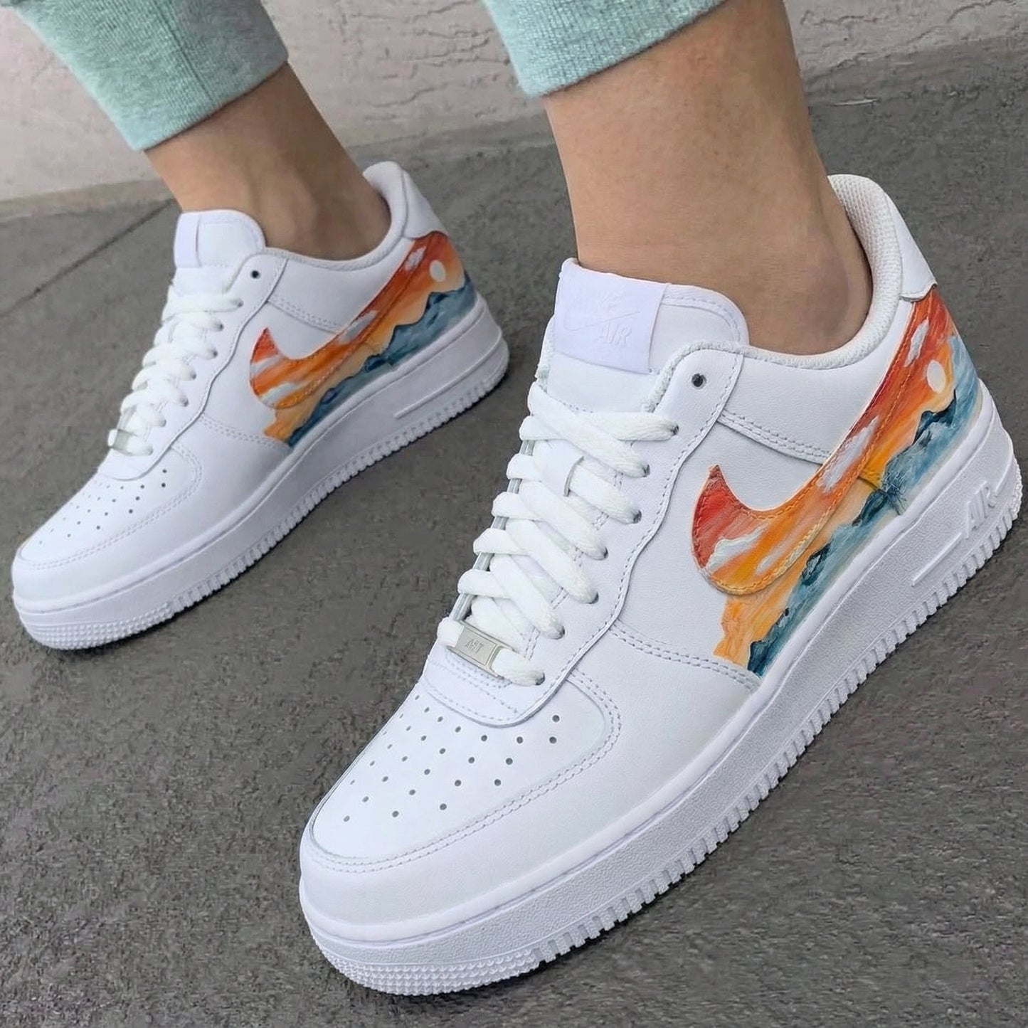 Custom AF 1s Shoes Sunset Ocean Wave Handpainted Orange Blue