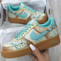 Custom AF 1s Shoes Teal Earth Brown Paint Splatter