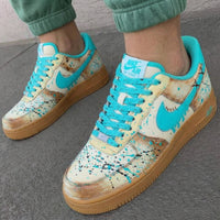 Custom AF 1s Shoes Teal Earth Brown Paint Splatter