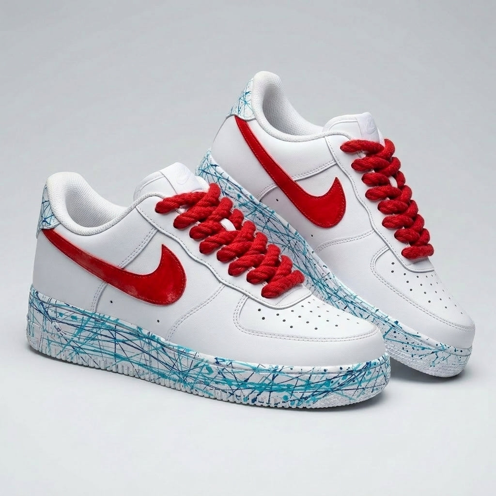 Custom AF 1s Shoes Thick Shoelaces Red Swoosh Blue Graffiti Lines