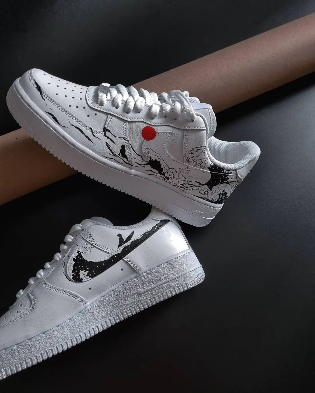 Custom AF 1s Shoes Wave And Surfer Pattern Red Black