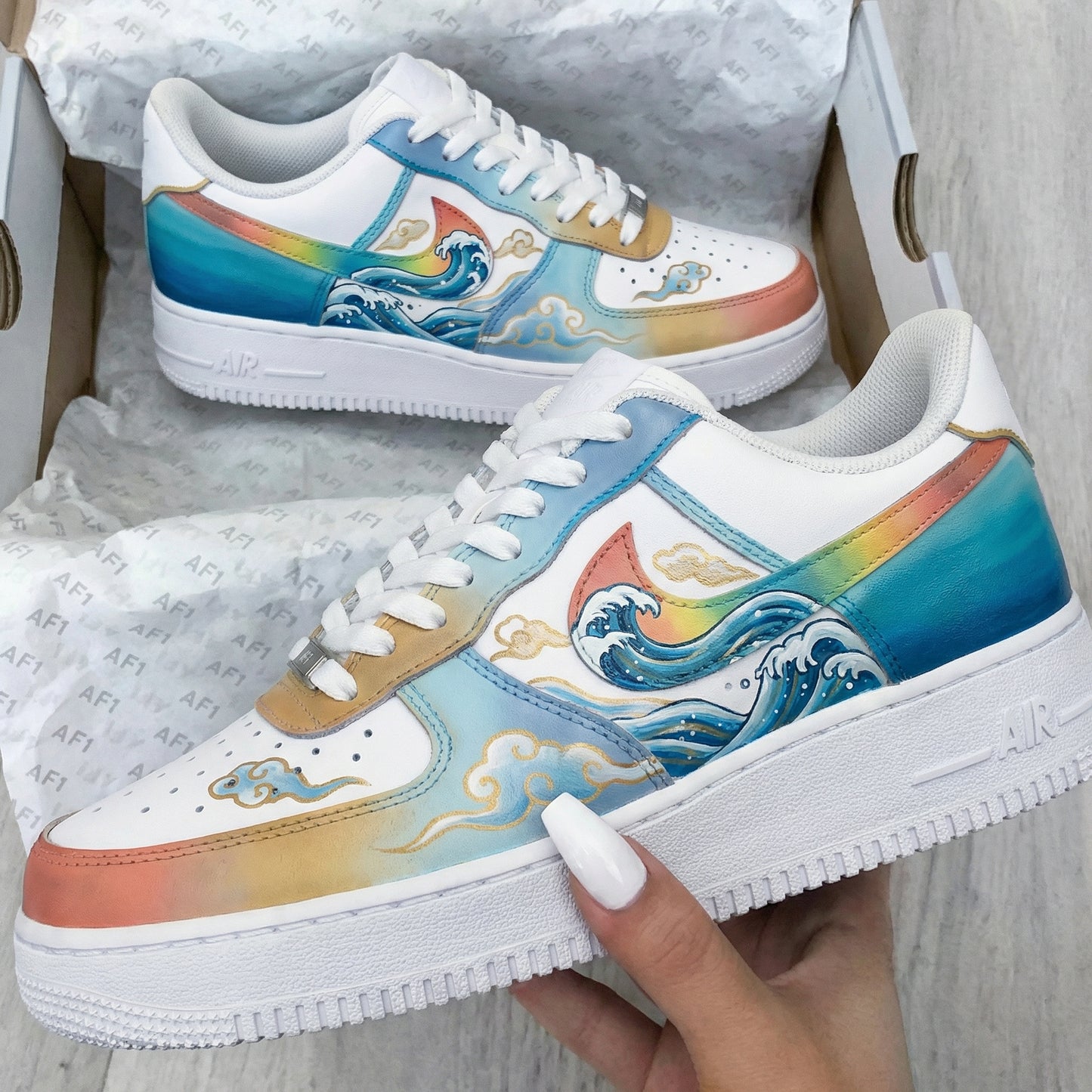 Custom AF 1s Shoes Wave Clouds Pattern Blue Orange