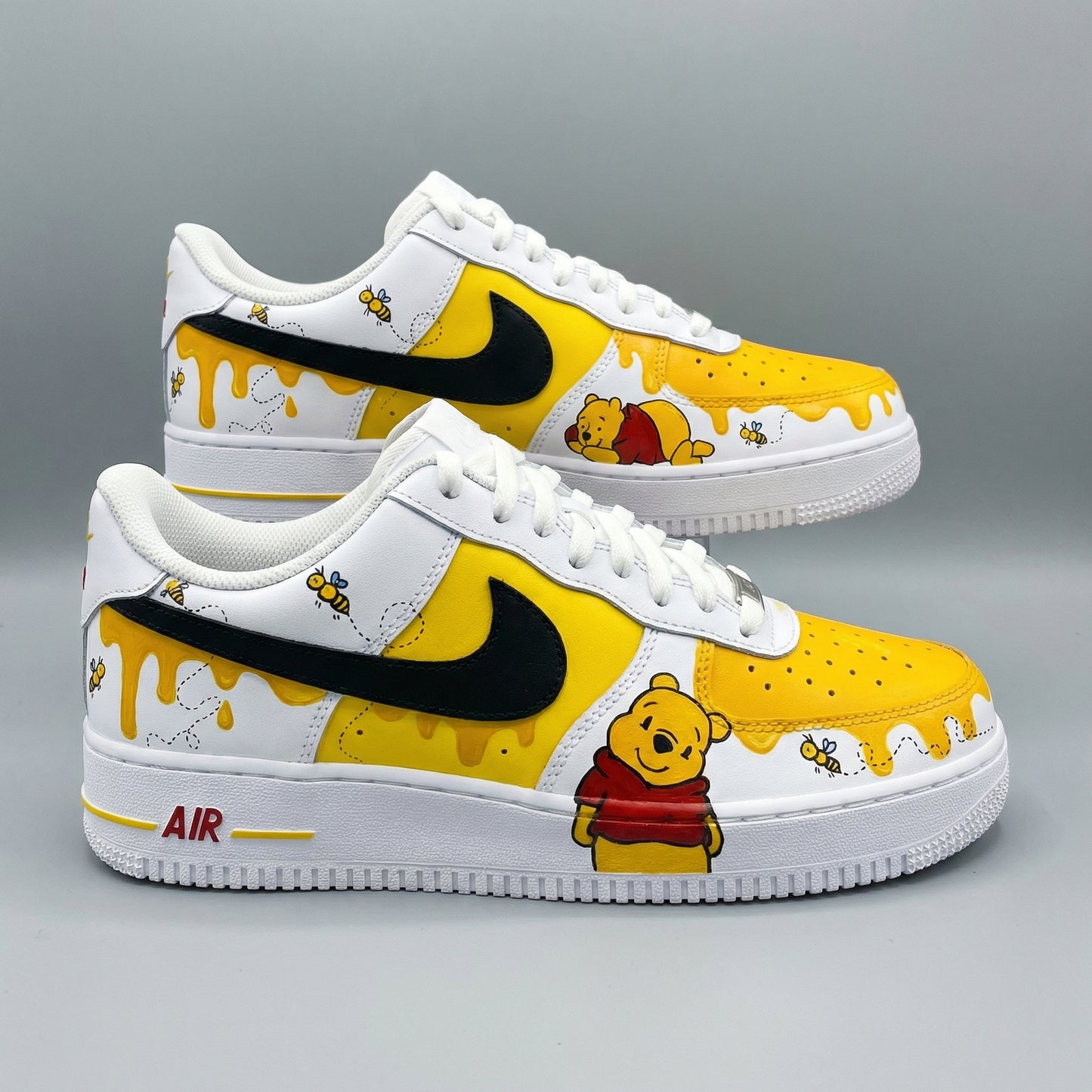 Custom AF 1s Shoes Winnie The Pooh Theme Yellow Black