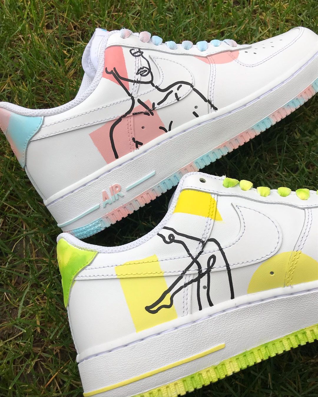 Custom AF 1s Shoes with Abstract Figure Drawing Baby Pink and Turquoise