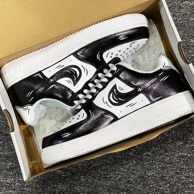 Custom AF 1s Shoes with Black and White Wave Pattern