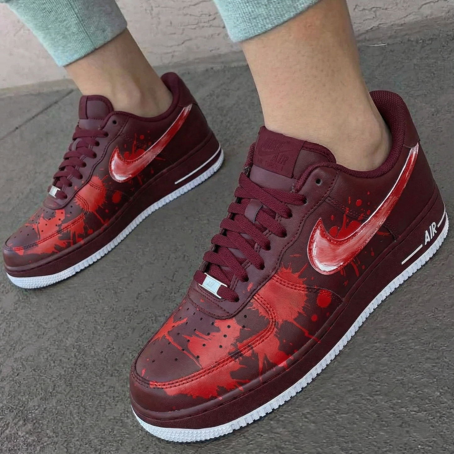 Custom AF 1s Shoes with Blood - Splatter Pattern Maroon Red