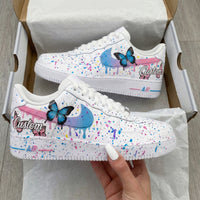 Custom AF 1s Shoes with Butterflies and Pink Blue Splashes