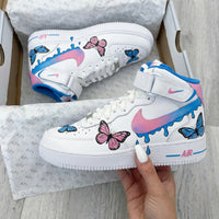 Custom AF 1s Shoes with Butterflies Baby Pink and Blue