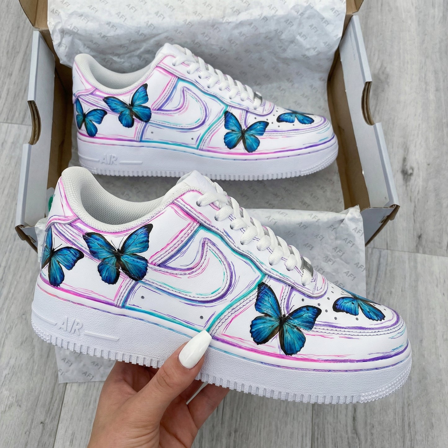 Custom AF 1s Shoes with Butterflies Baby Pink Purple Blue