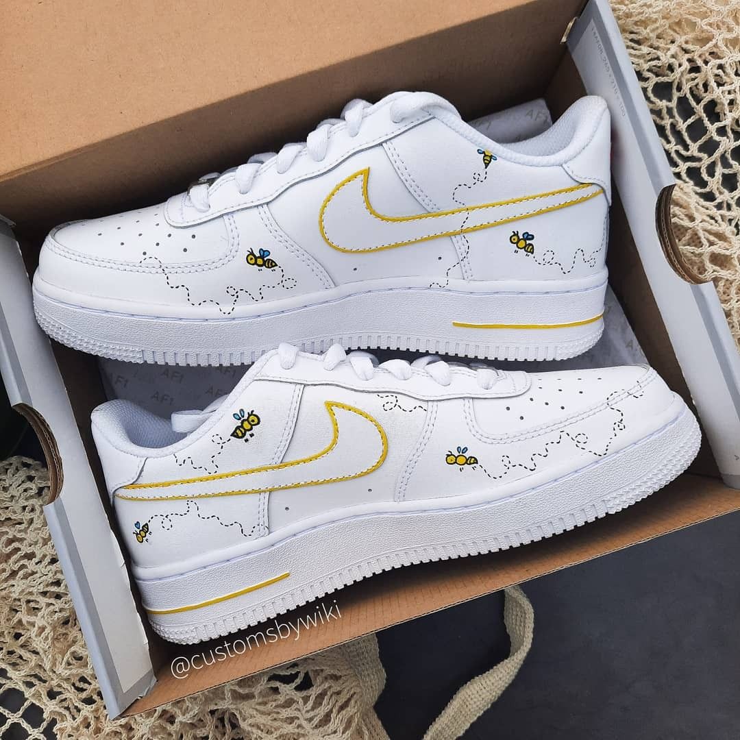 Custom AF 1s Shoes with Cute Bee Pattern Yellow