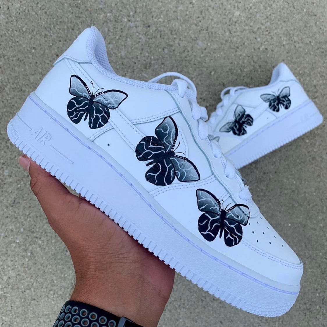 Custom AF 1s Shoes with Elegant Black and White Butterfly Pattern