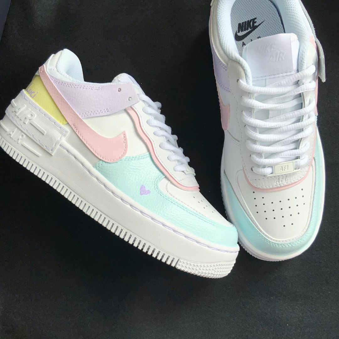 Custom AF 1s Shoes with Floral Pattern Baby Pink and Baby Blue