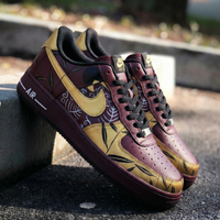 Custom AF 1s Shoes with Leaf Pattern Maroon and Gold