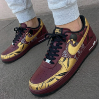Custom AF 1s Shoes with Leaf Pattern Maroon and Gold