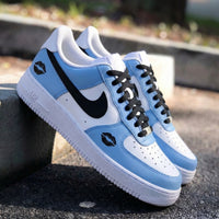 Custom AF 1s Shoes with Lip Print Baby Blue and Black