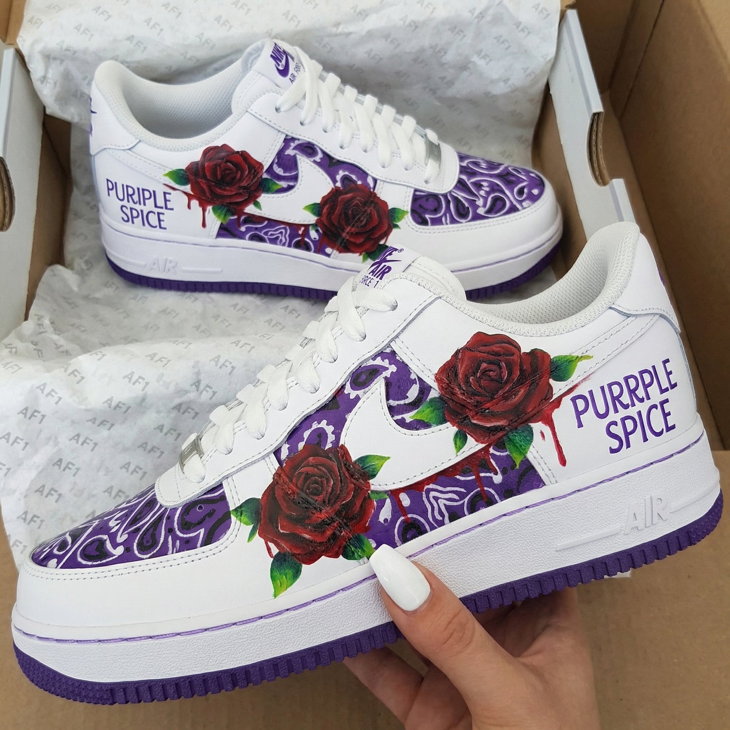 Custom AF 1s Shoes with Rose and Paisley Pattern Purple and Maroon