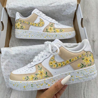 Custom AF 1s Shoes with Yellow Flower Pattern and Beige Color