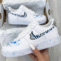 Custom AF 1s Shoes Zebra Stripes Blue Splatter Black Blue