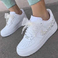 Custom AF 1s Weeding Shoes Pearls Rhinestones Tulle Bow