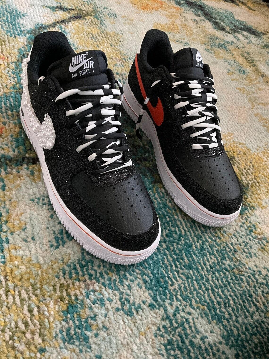 Custom Air Force 1 Black Glitter Pearl Embellishment