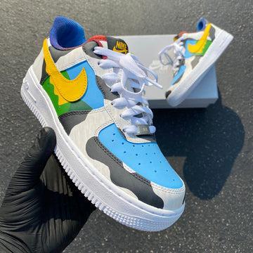 Custom Air Force 1 Blue Yellow Green With Camouflage Pattern