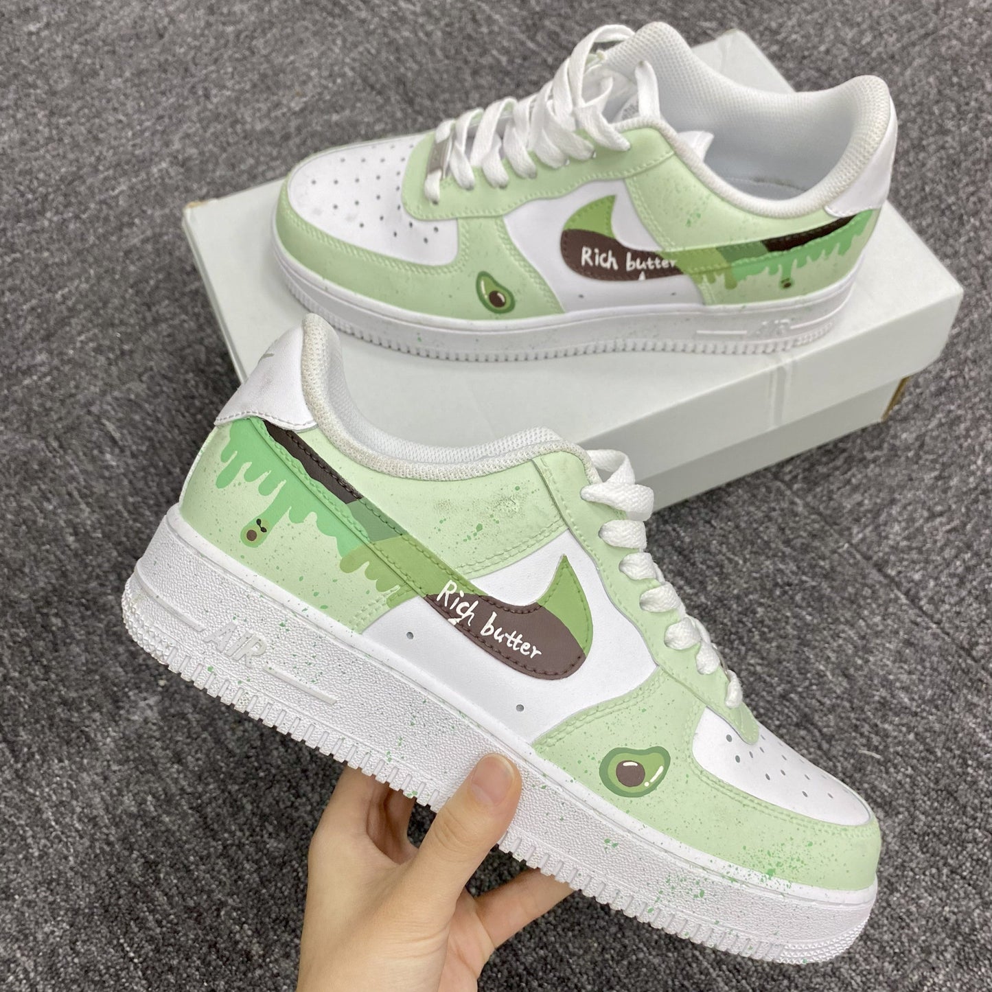 Custom Air Force 1 Light Green And White With Avocado And Paint - Drip Patterns
